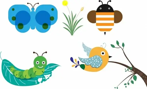 butterfly worm bird bee icons collection cartoon style