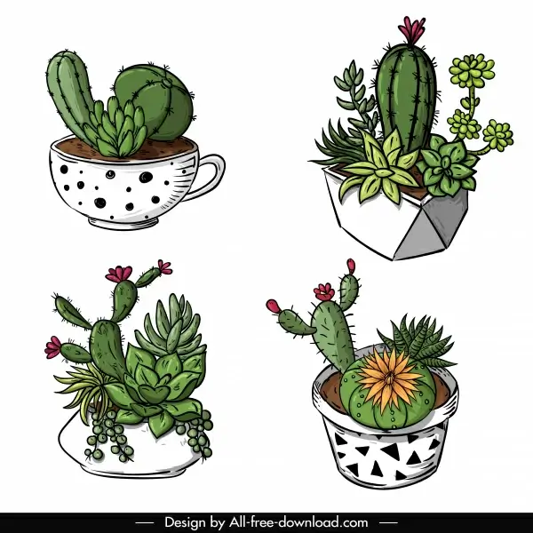 cactus pot icons classic 3d handdrawn sketch