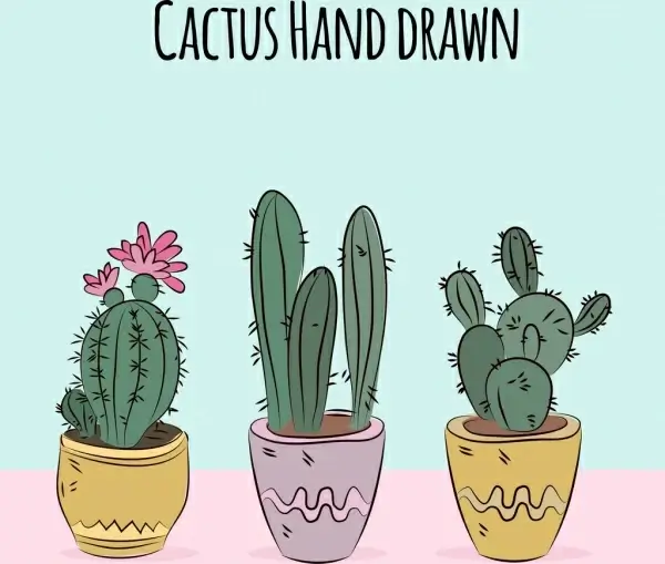 cactus pots drawing multicolored handdrawn decor