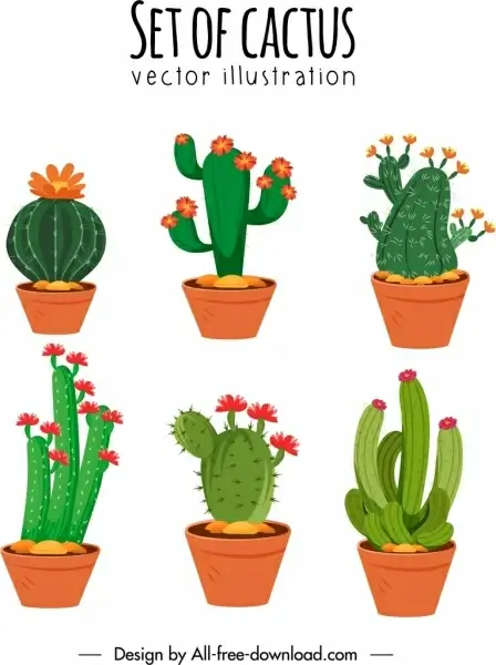 cactus pots icons flora thorny shapes sketch