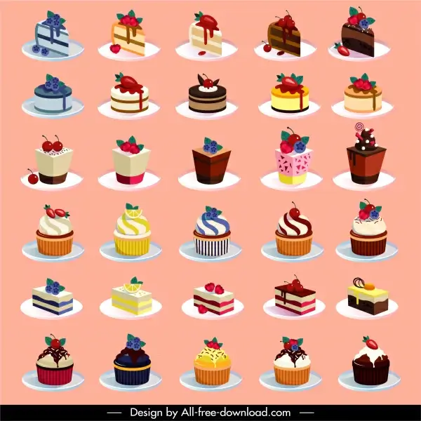 cakes icons collection modern colorful design 3d sketch