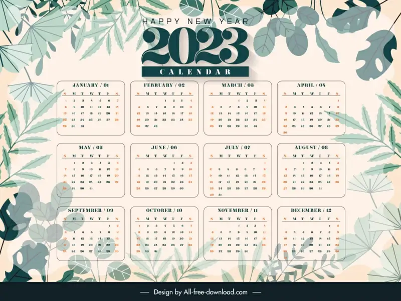 calendar 2023 backdrop template elegant blurred classical leaf decor 