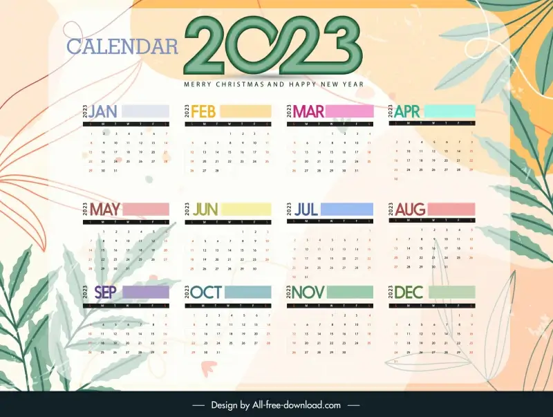 calendar 2023 backdrop template elegant leaves sketch classic design 