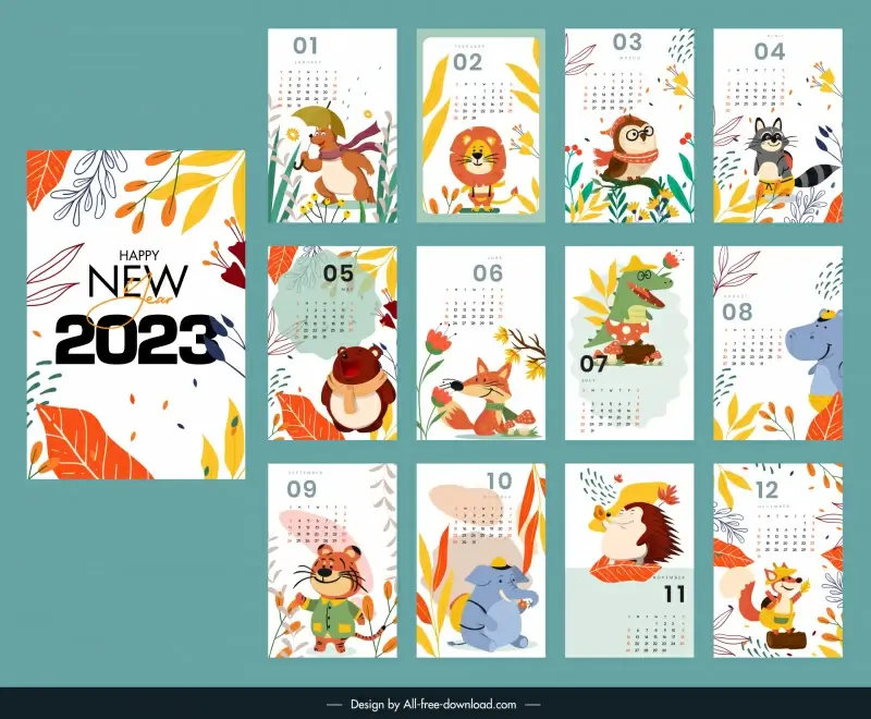 calendar 2023 background templates cute stylized animals cartoon design 