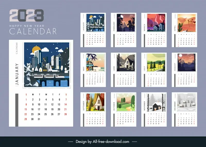 calendar 2023 design elements urban rural sceneries sketch