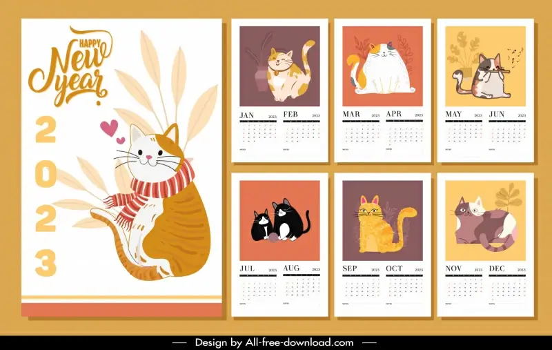 calendar 2023 template cute classic handdrawn cats species sketch