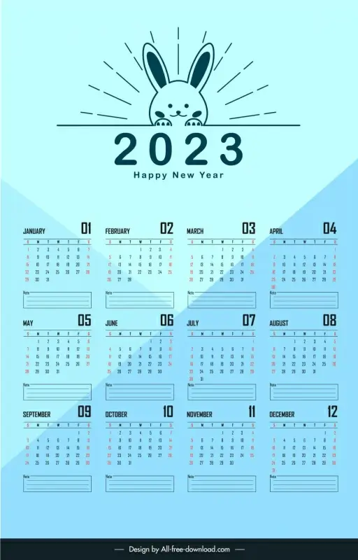calendar 2023 template cute flat handdrawn rabbit outline 