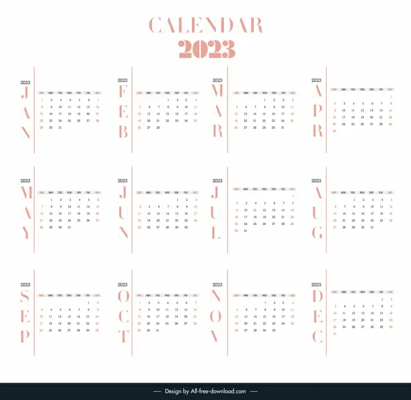 calendar 2023 template elegant plain texts decor 