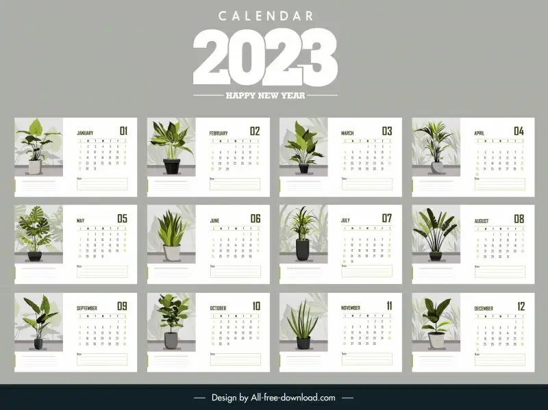 calendar 2023 template green while decor houseplants sketch