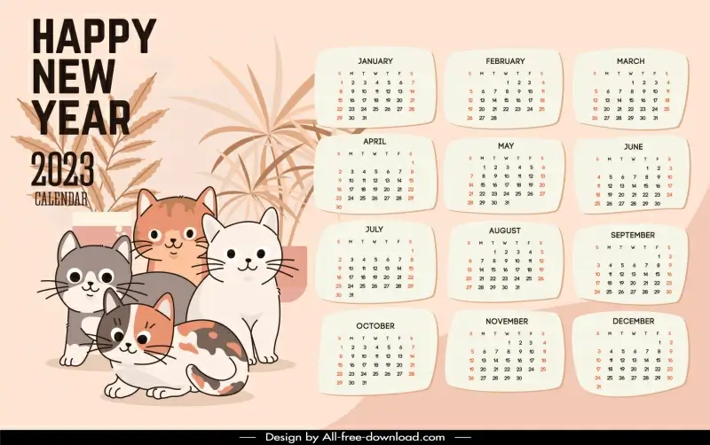 calendar 2023 template handdrawn cute baby cats decor