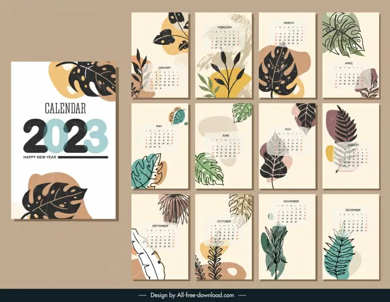 calendar 2023 templates retro handdrawn leaf decor