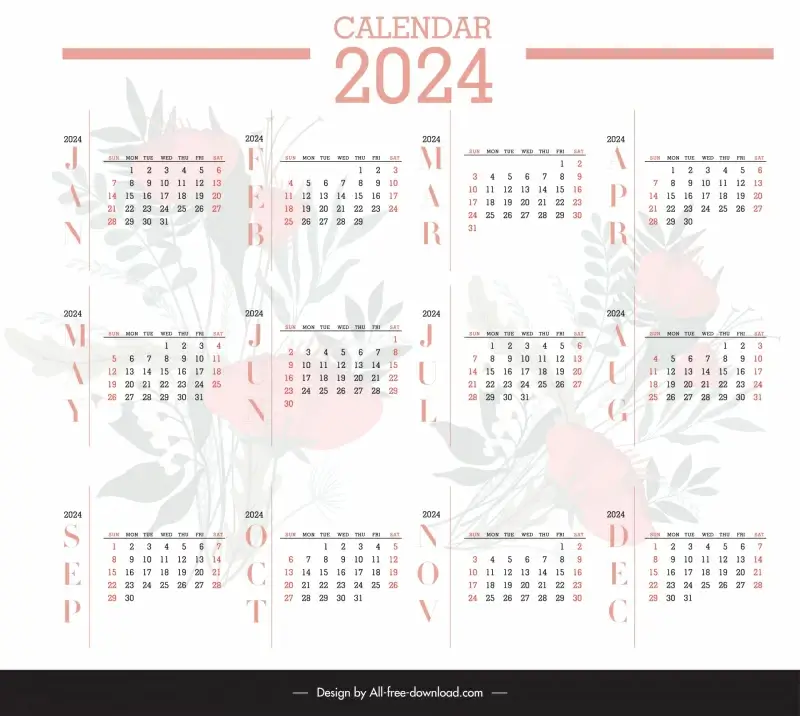 calendar 2024 template elegant blurred flowers 
