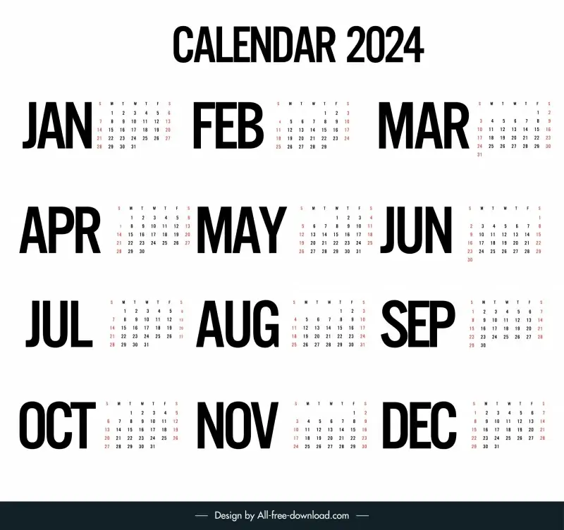 calendar 2024 template flat simple black white texts