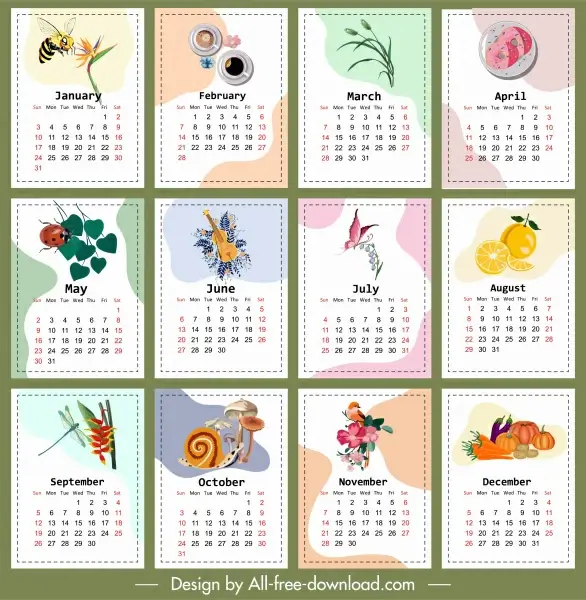 calendar templates colorful insect fruit floras pie themes