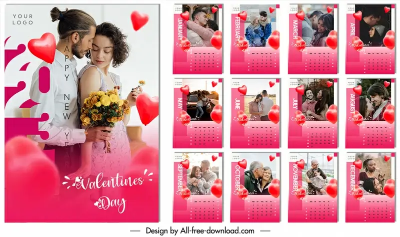 calendar valentines 2023 template modern elegant love couples hearts decor