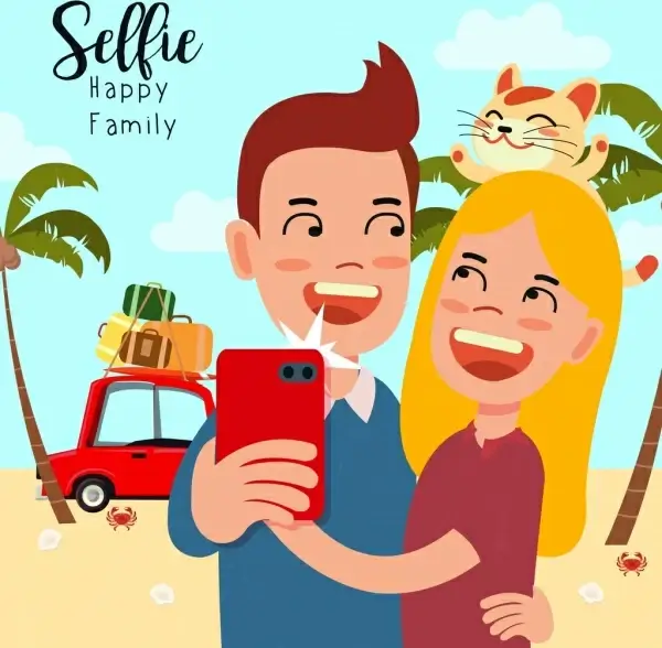 camera selfie advertising joyful couple cute cartoon design