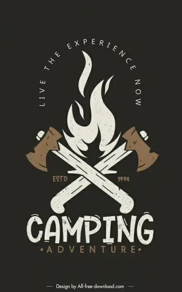 camping adventure poster template retro fire axes sketch