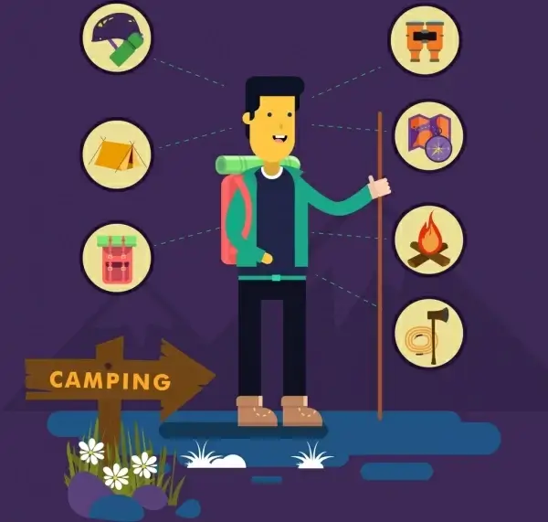 camping advertising personal accessories icons colored cartoon design