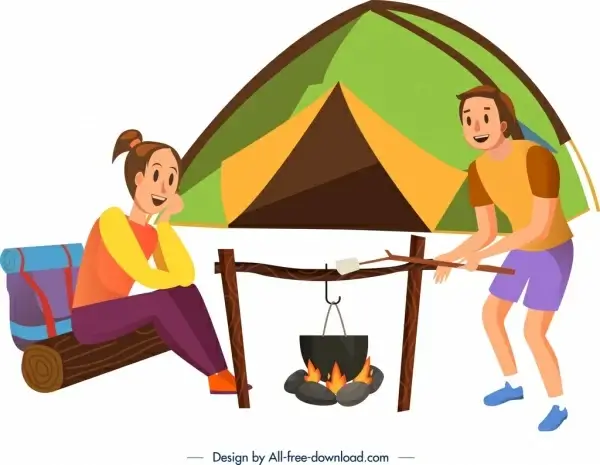 camping background people tent campfire icons cartoon design