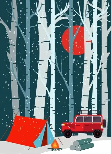 camping background tent car icons snowy jungle backdrop