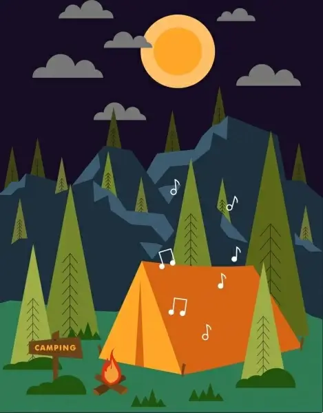 camping background tent music notes icons night backdrop