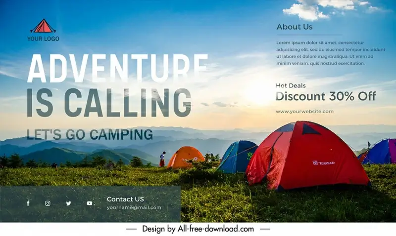 camping banner template elegant tents mountain scene 