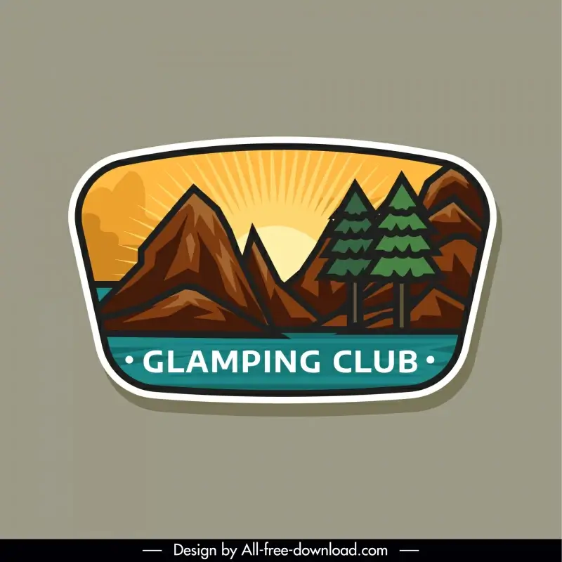 camping  label template flat classical mountain tree sun scene 