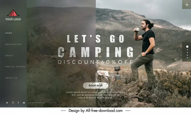 camping landing page discount template relax man mountain scene 