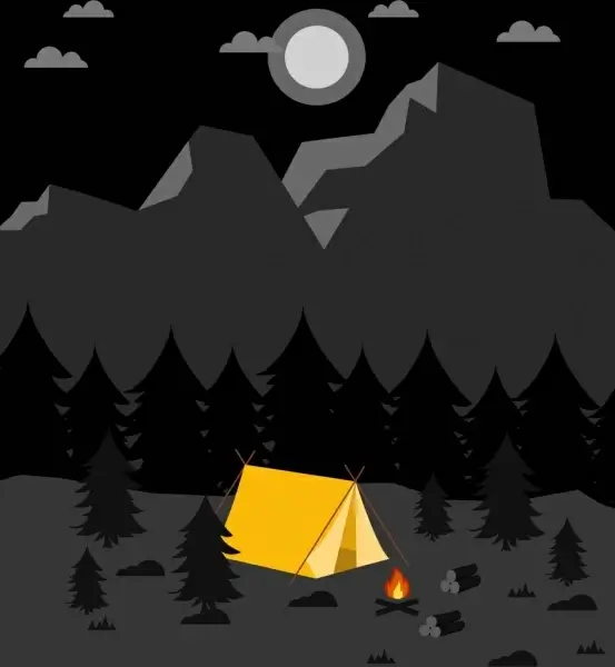 camping on mountain background tent icon dark grey