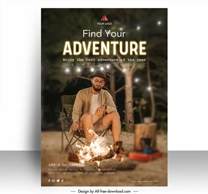 camping poster discount template man camp fire scene 