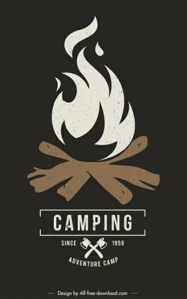 camping poster template flaming wood sketch dark retro