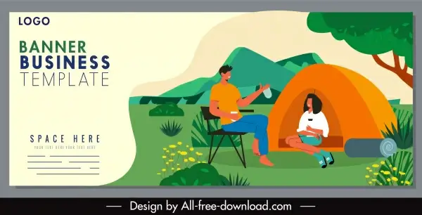 camping poster tent nature scene colorful cartoon sketch