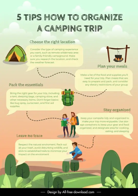 camping tips infographic template cute cartoon characters 