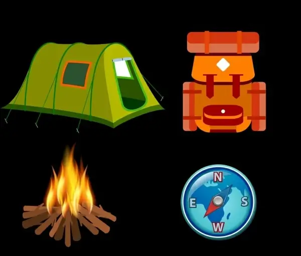 camping tool icons isolation colored 3d symbols