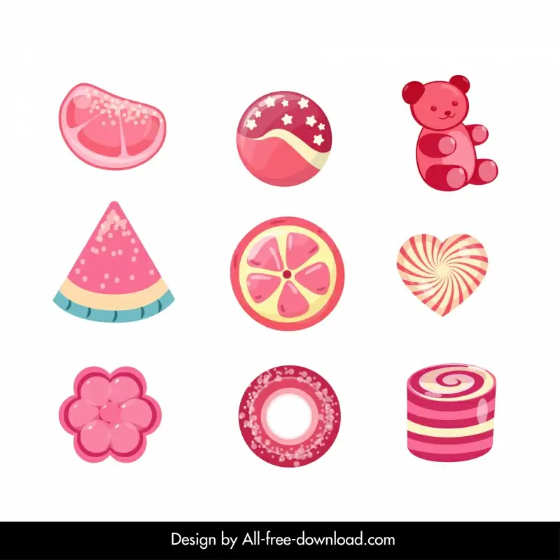 candies icons collection 3d flat shapes sketch