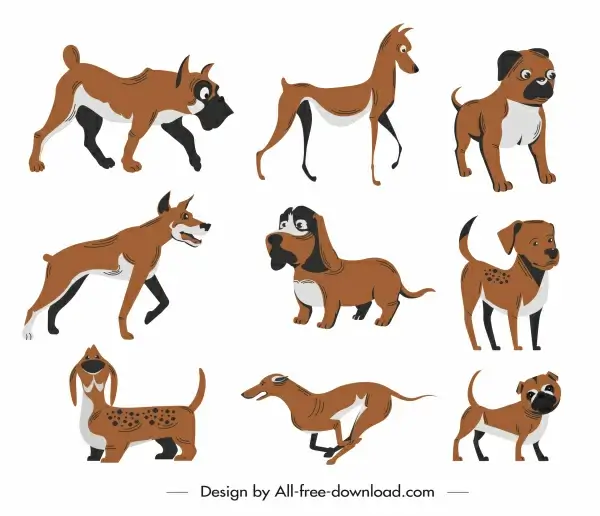 canines icons cute cartoon sketch