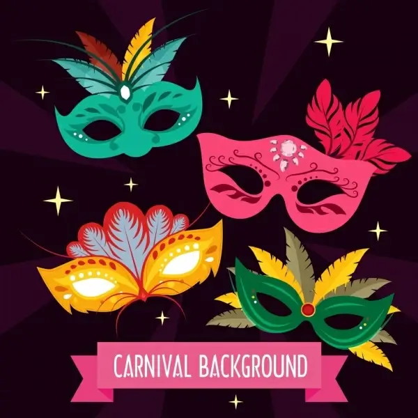 carnival background feather masks icons decor