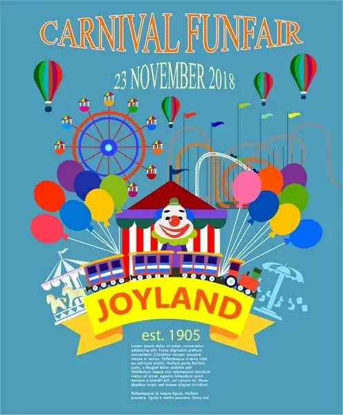 carnival funfair poster with clown and balloons illustration