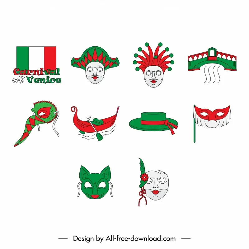 carnival of venice icon sets flat classical handdrawn emblems sketch