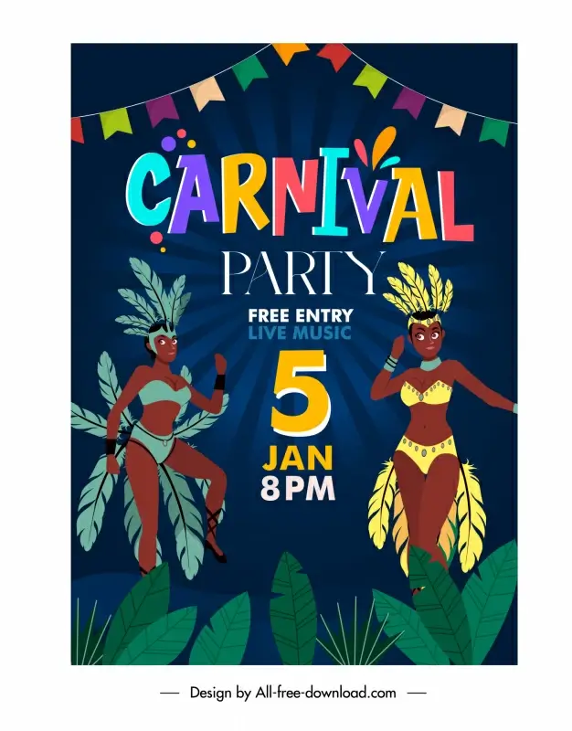 carnival party poster template cartoon woman dancers sketch leaves rays decor 