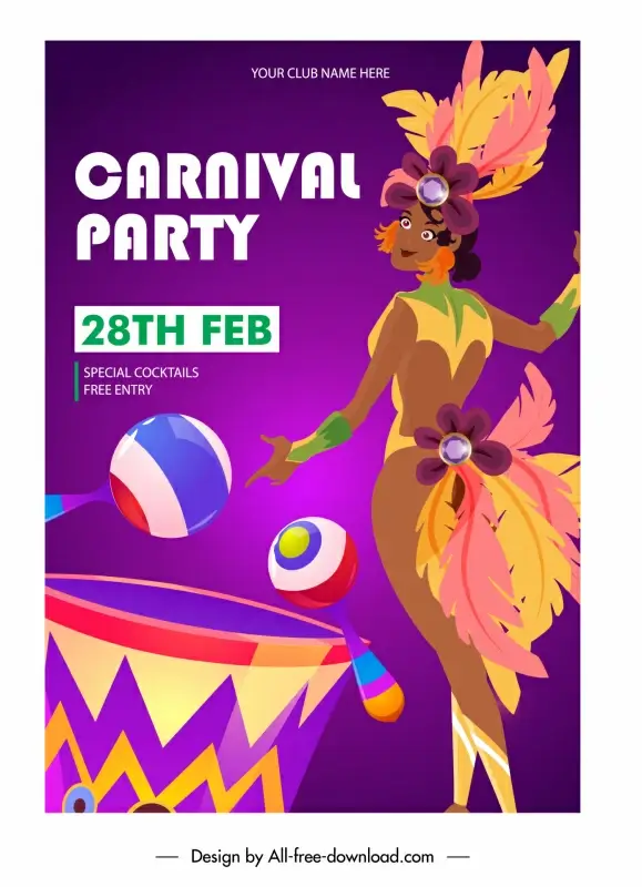  carnival poster party template lady dancer in traditional costume drum sketch cartoon design 