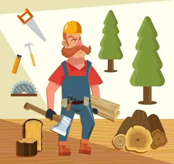 carpentry job background man tool icons colored cartoon