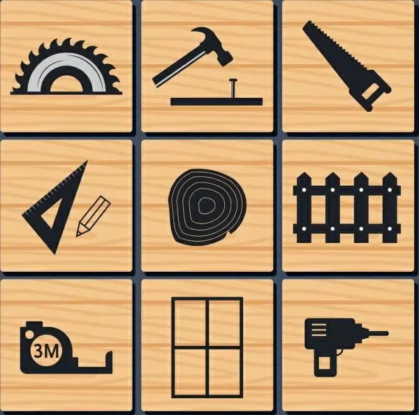 carpentry tools icons isolation flat silhouette design