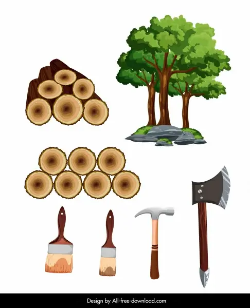 carpentry work design elements tree log tools sketch