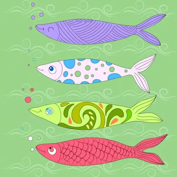 carps drawing colorful icons classical design