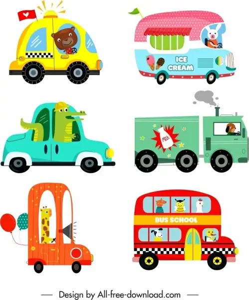 cars vehicles icons cute cartoon sketch flat design
