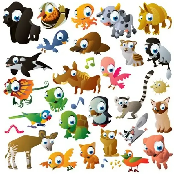 animals icons cute colored cartoon characters