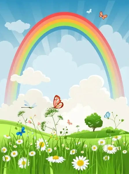 nature scenery background rainbow flowers butterflies dragonfly sketch