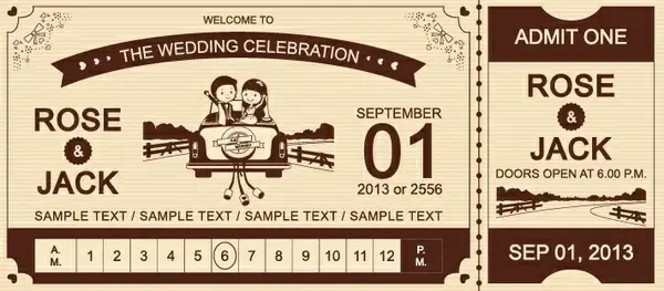 cartoon style wedding ticket vector set