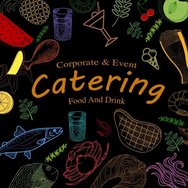 catering event banner food icons dark colorful design